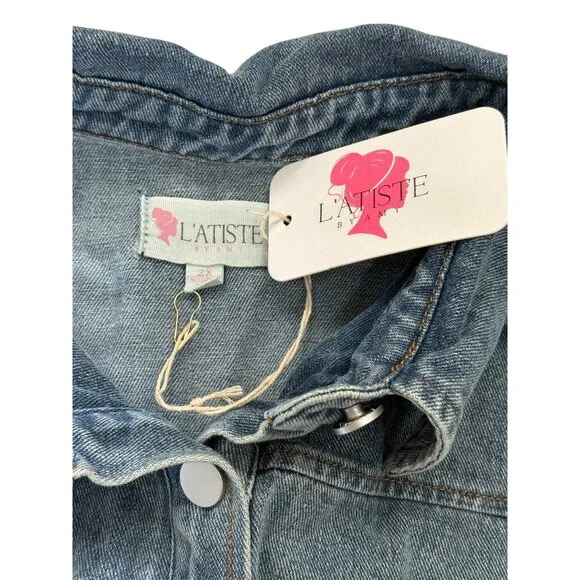 LAtiste by Amy Womens 2X Jumpsuit Blue Two-Tone Denim Long Sleeve One-Piece NEW - Picture 3 of 5